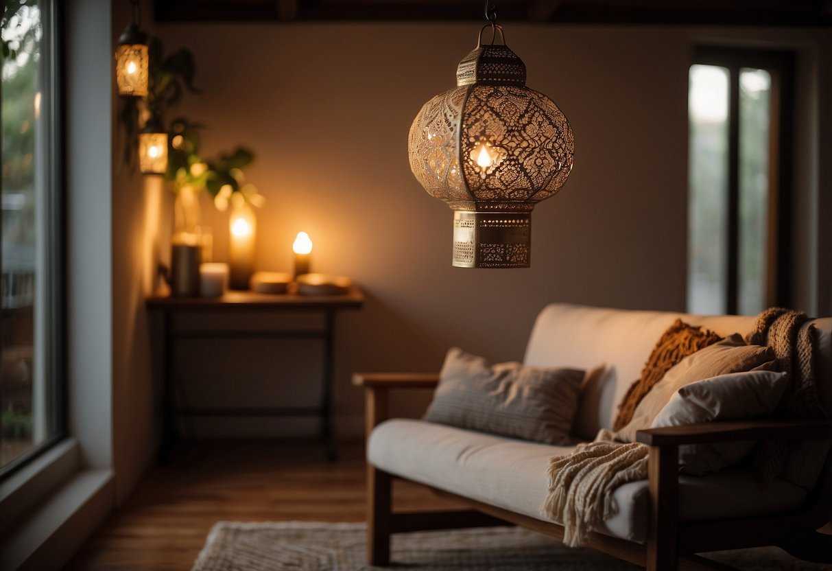 A cozy living room with a soft, warm glow from a hanging Moroccan lantern. A sleek, modern floor lantern illuminates a stylish reading nook. In the kitchen, a rustic farmhouse lantern adds charm to the space