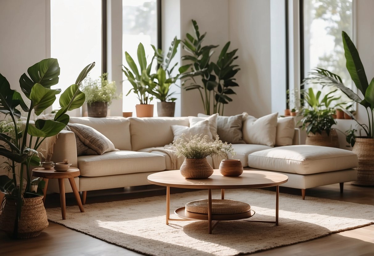 A serene living room with a neutral color palette, minimal furniture, and natural elements like plants and wood accents