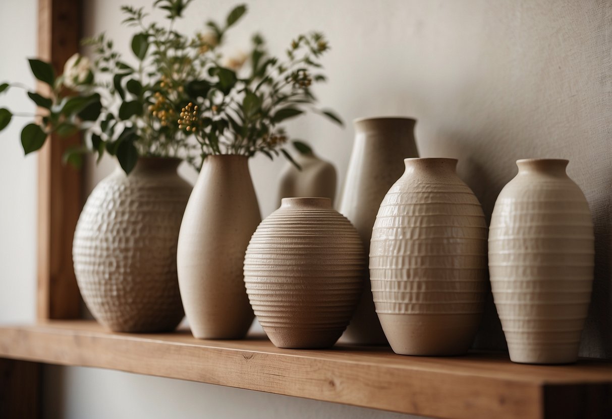 A collection of textured stoneware vases arranged on a wooden shelf in a neutral-toned living room