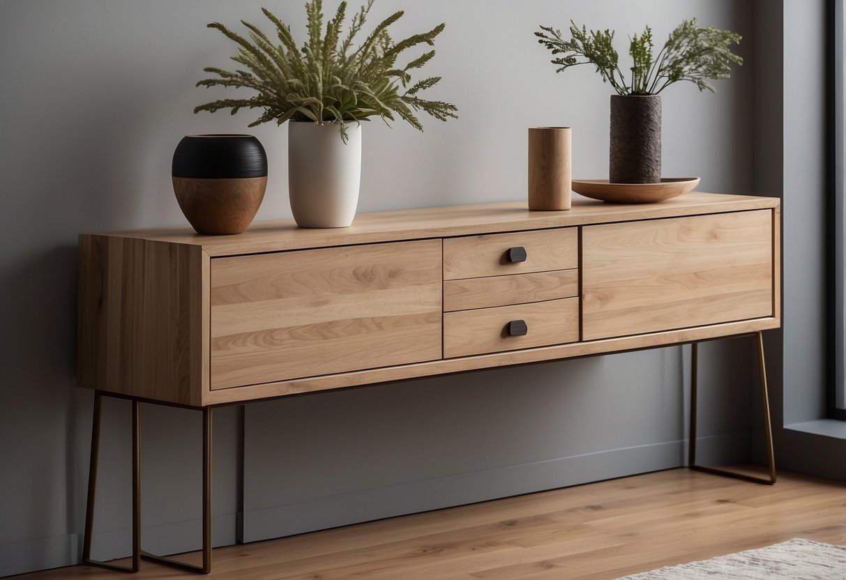 A natural wood console table sits against a neutral backdrop, adorned with minimalist decor