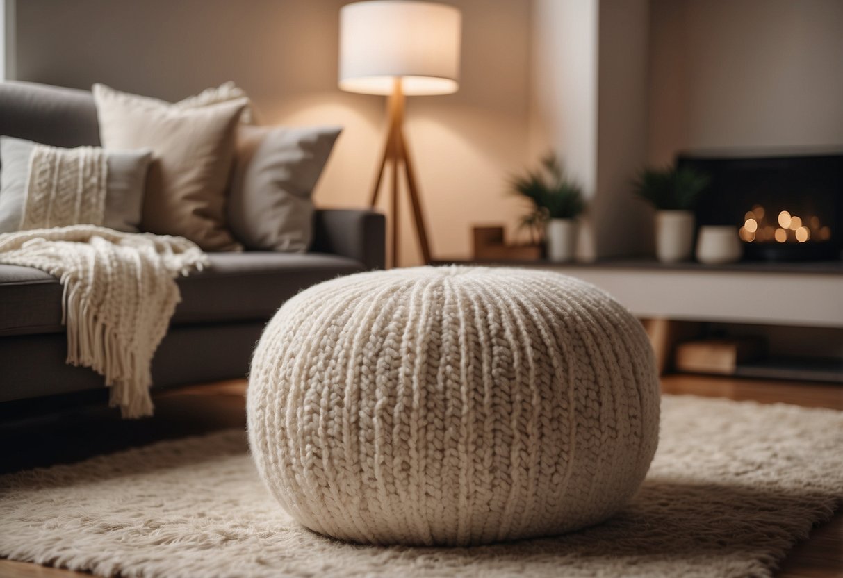 A cozy living room with an ivory knitted pouf as a focal point, surrounded by neutral home decor accents like soft throw blankets and muted pillows