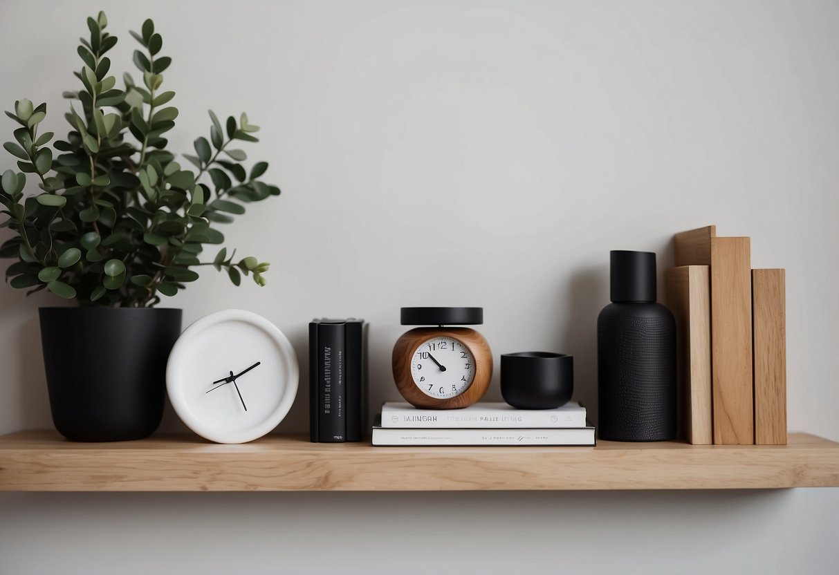 Pale oak floating shelves display neutral decor items in a minimalist home setting