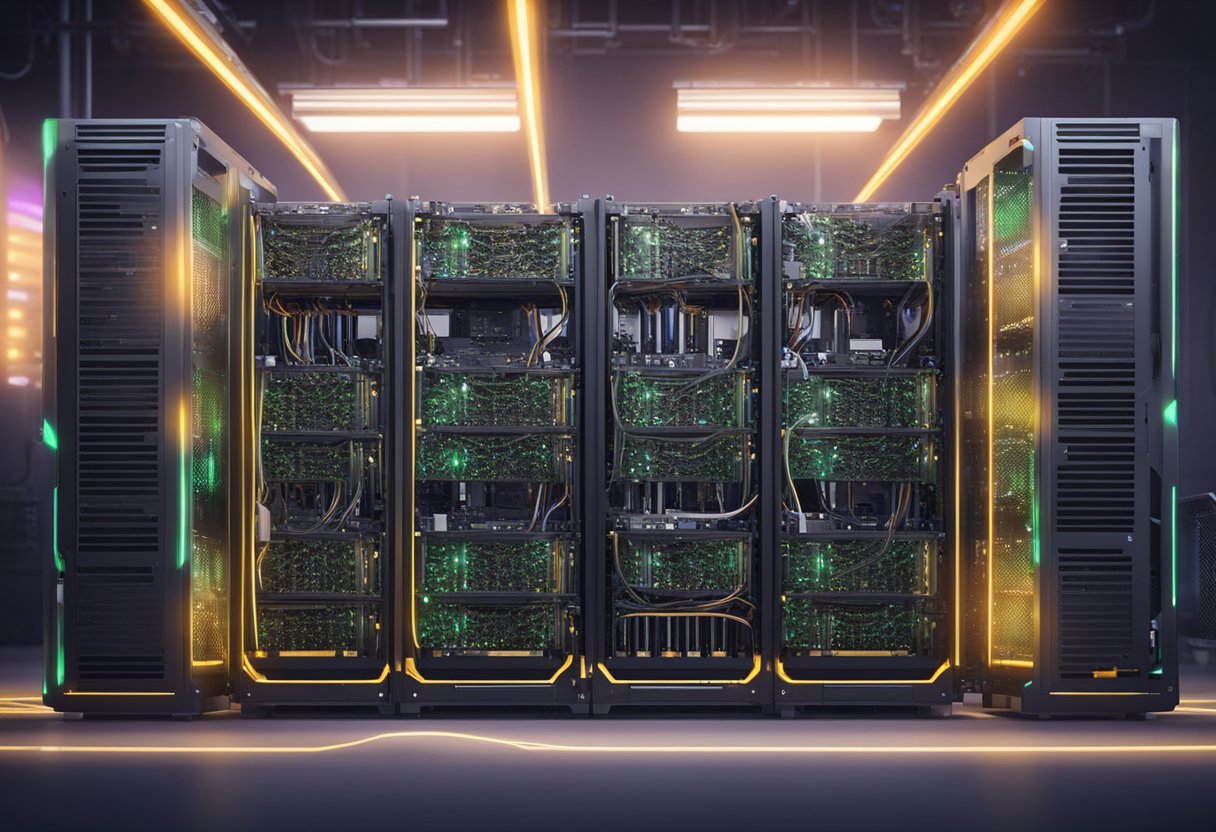 A computer mining rig with multiple GPUs running at full capacity, surrounded by cooling fans and glowing with the intensity of processing power