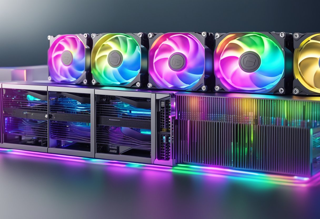 A row of powerful computers mining cryptocurrency, with colorful graphics cards and cooling fans, displaying fluctuating hash rates