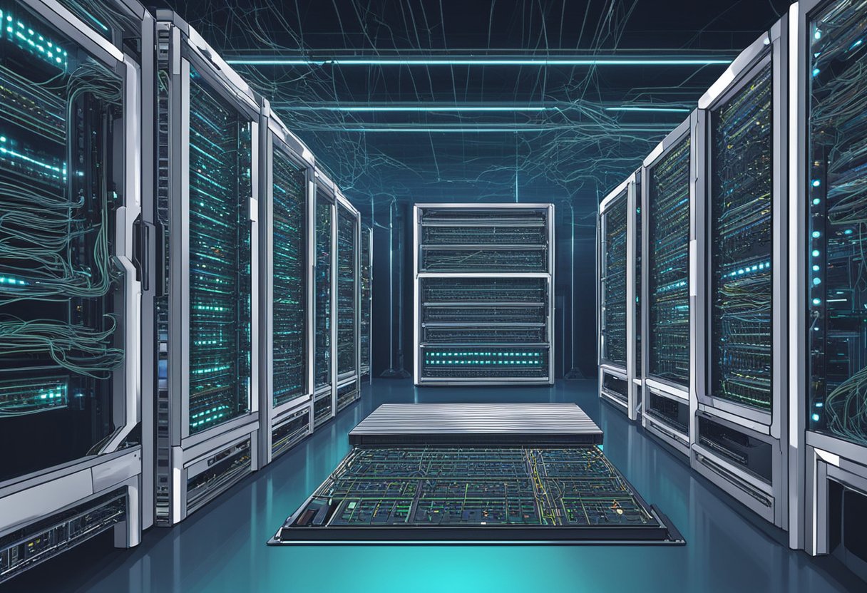 A mining rig hums as it processes complex algorithms, surrounded by rows of powerful computers. Data streams through cables, highlighting the rapid hash rate increase in the crypto space