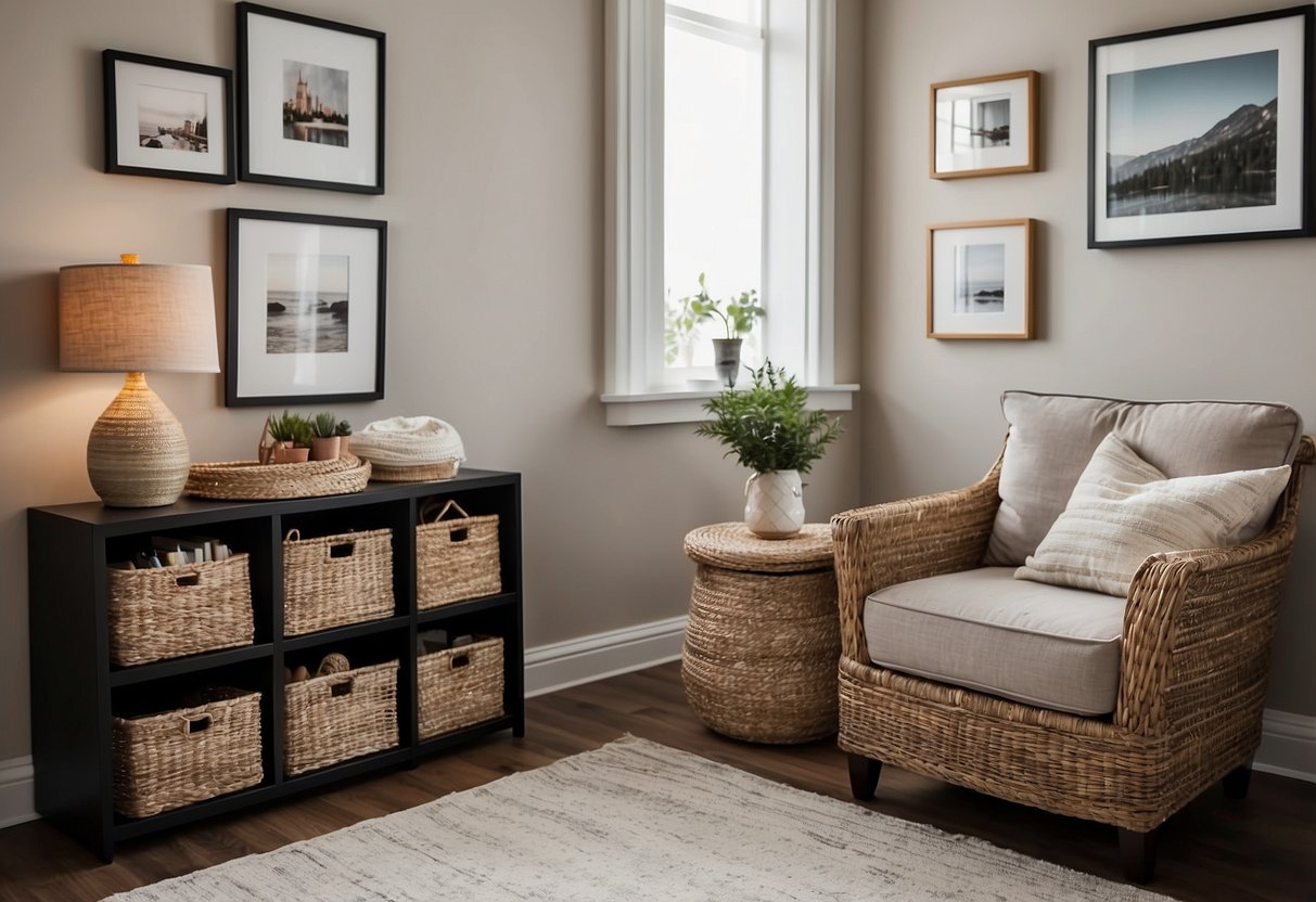 A neatly arranged bookshelf with decorative baskets and labeled storage bins. A gallery wall with framed art and mirrors. A cozy reading nook with a comfortable chair and a side table with a lamp