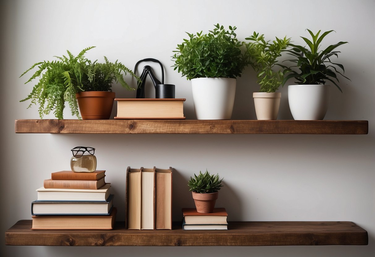 Rustic floating shelves holding books, plants, and decorative items against a white wall with minimalistic decor