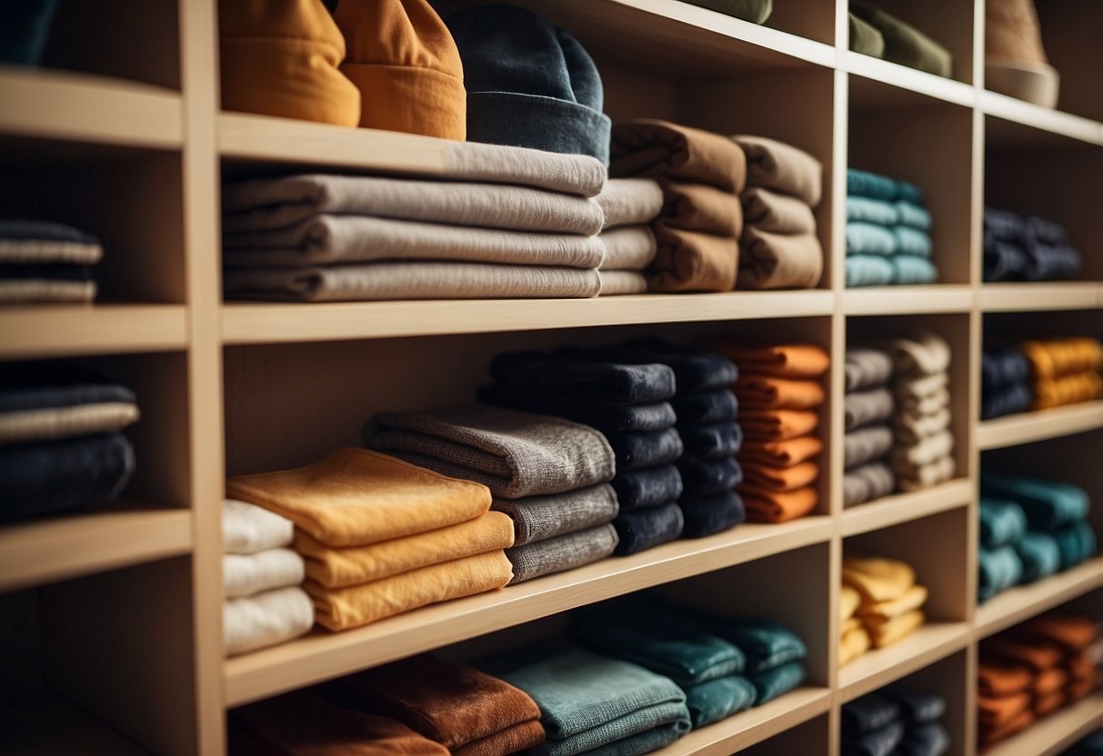 A closet shelf with velvet dividers neatly separating different items, creating an organized and stylish home decor display