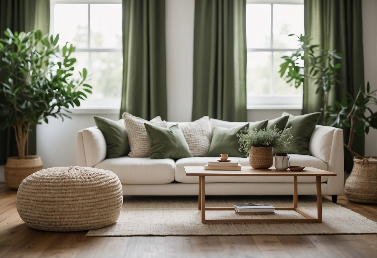 A cozy living room with sage green curtains, throw pillows, and a soft area rug. White furniture and natural wood accents complete the serene decor