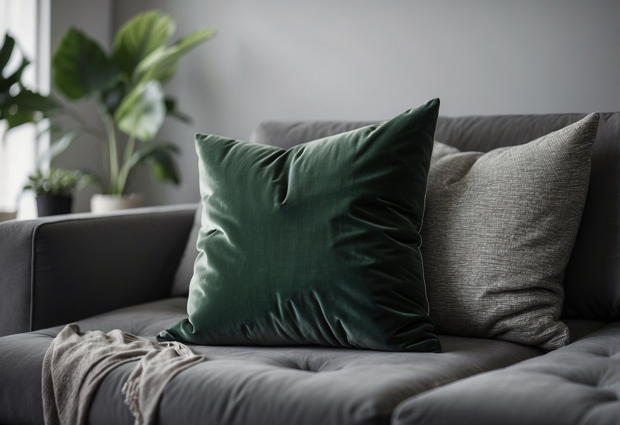 A sage green velvet throw pillow sits on a modern grey sofa, adding a touch of luxury to the minimalist living room decor