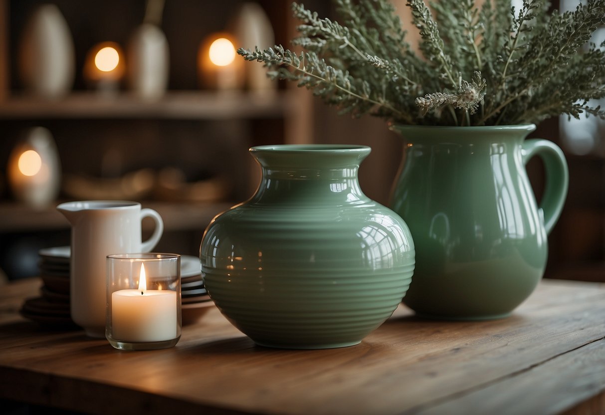 A sage green ceramic vase sits on a wooden table, surrounded by other sage green home decor items