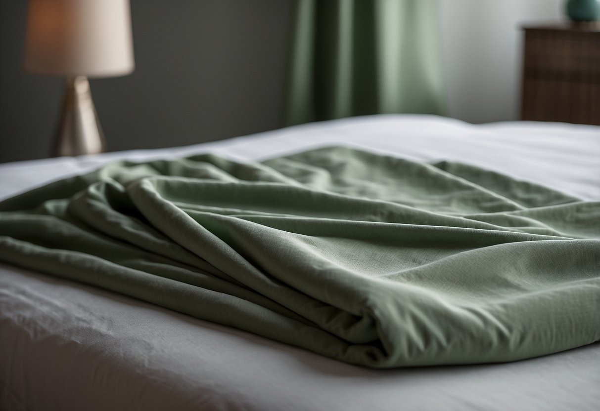 A sage green bedspread drapes over a neatly made bed, complementing the serene home decor