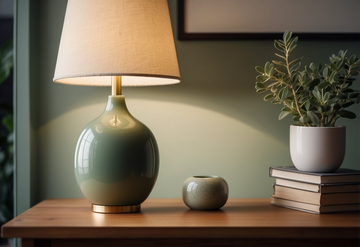 A sage green table lamp sits on a wooden table, casting a soft glow in a cozy living room