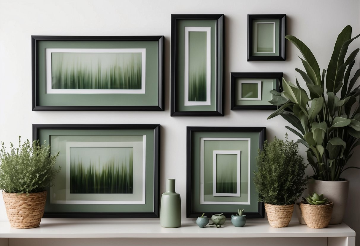 A collection of sage green picture frames arranged on a white wall, surrounded by sage green home decor