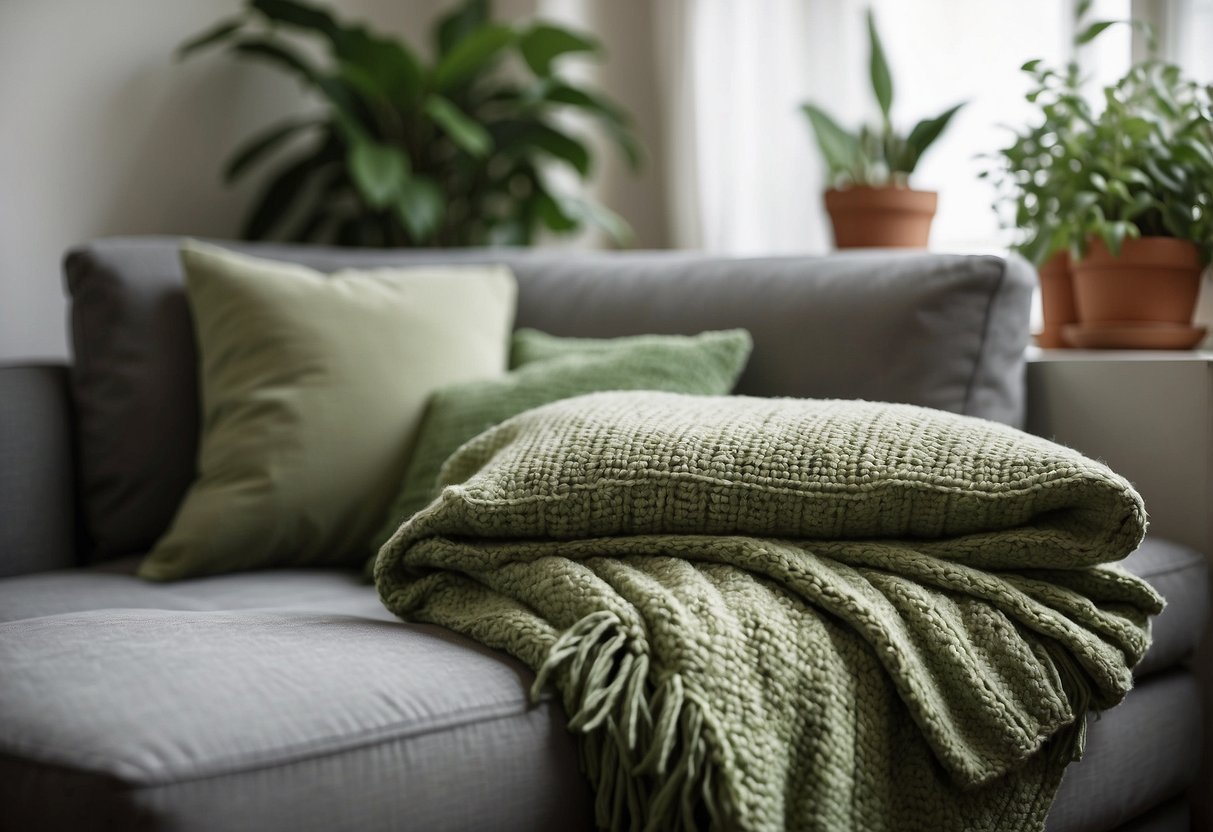 A cozy living room with sage green throw pillows, a knitted blanket, and potted plants. A soft rug and curtains in the same hue complete the serene decor