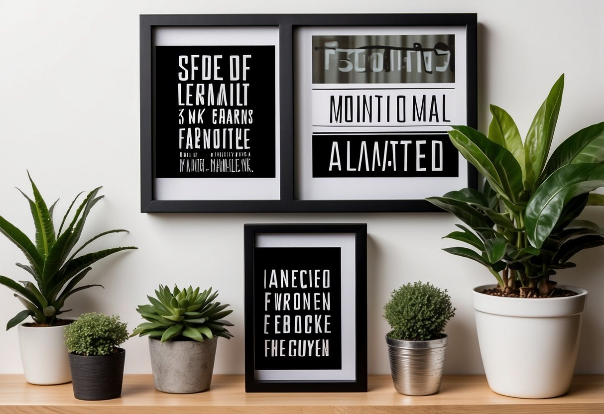 A sleek, modern home office shelf adorned with potted plants, stylish bookends, and framed motivational quotes