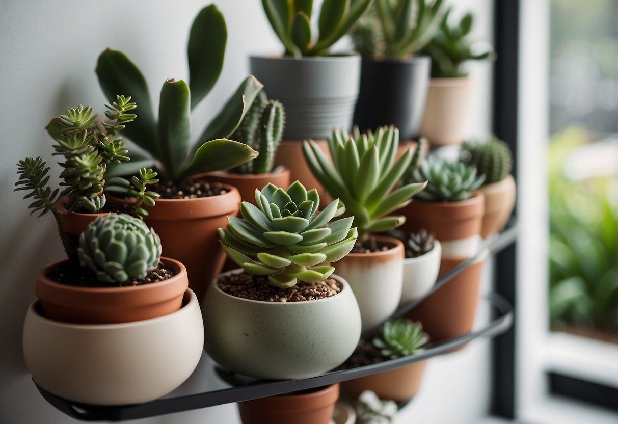 A shelf with various potted succulents, arranged in a stylish and organized manner, adding a touch of greenery to a modern home office