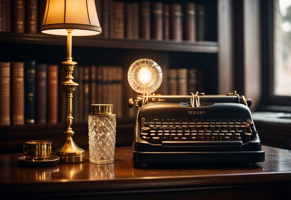 A vintage typewriter, leather-bound books, and a crystal decanter on a mahogany shelf. A gold-framed portrait of a flapper and a brass desk lamp complete the 1920s aesthetic