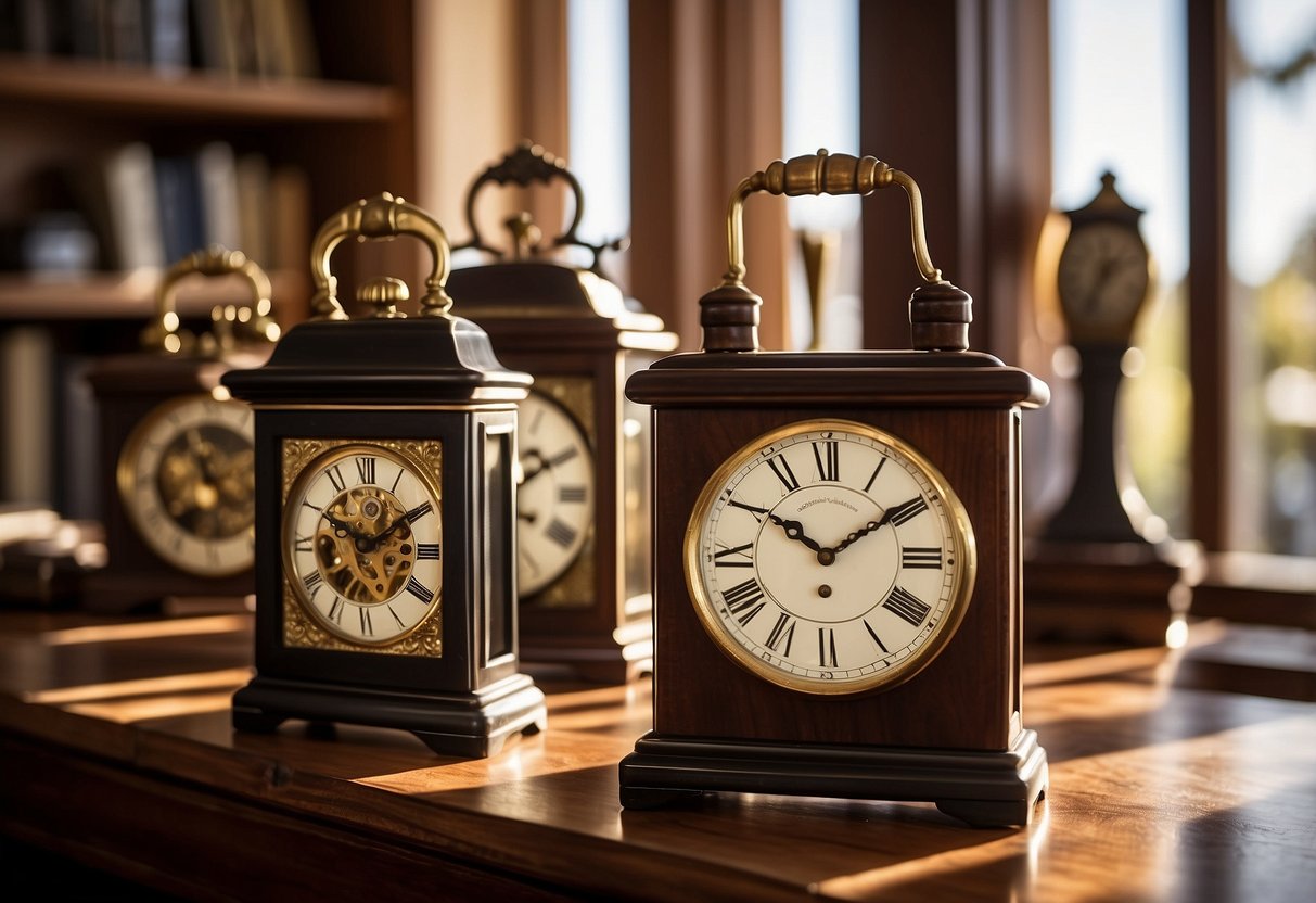 Antique clocks arranged on a wooden bookshelf in a cozy home office. Rays of sunlight filtering through the window, casting warm shadows on the timepieces