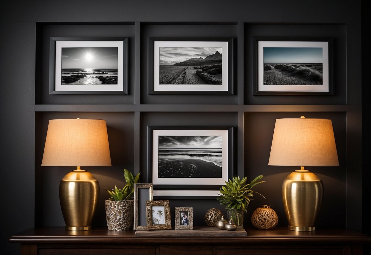 A home office shelf adorned with various picture frames in different sizes and styles, creating a decorative and personalized display