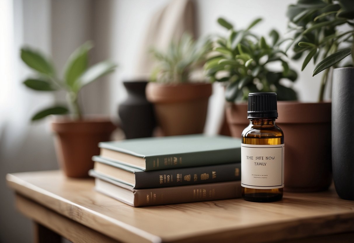 A serene home office shelf with a stack of "The Power of Now" books, a small potted plant, and a calming essential oil diffuser