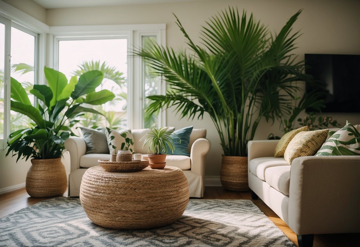 A cozy living room with palm tree print throw pillows, a tropical leaf patterned rug, and a large potted palm tree as a centerpiece