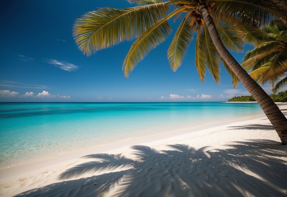 A vibrant palm tree sways in the breeze against a backdrop of clear blue skies and crystal-clear turquoise waters, evoking a sense of tropical paradise