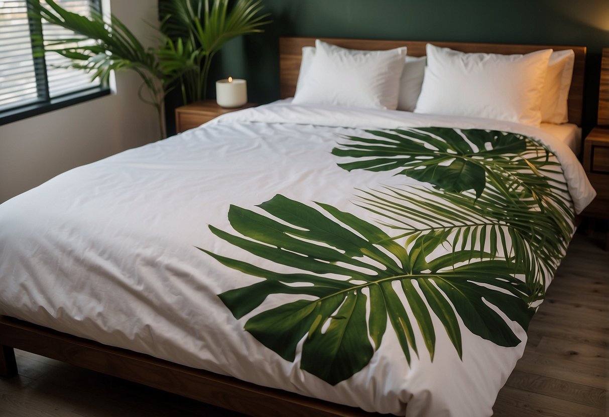 A palm leaf duvet cover adorns a cozy bed with palm tree decor accents in a tropical-themed bedroom