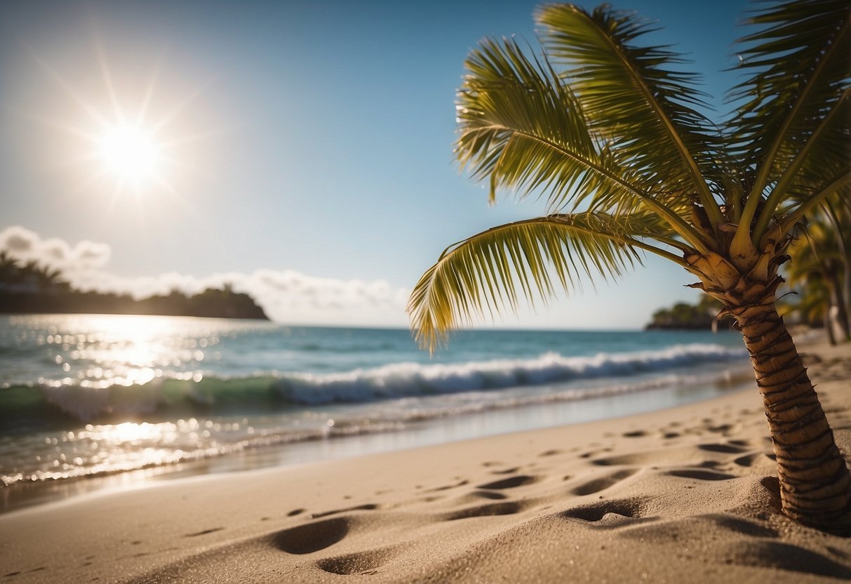 A palm tree sways in the breeze on a sandy beach, with the ocean in the background. The sun is shining, and the scene exudes a relaxed, tropical vibe perfect for a beach-themed throw pillow design