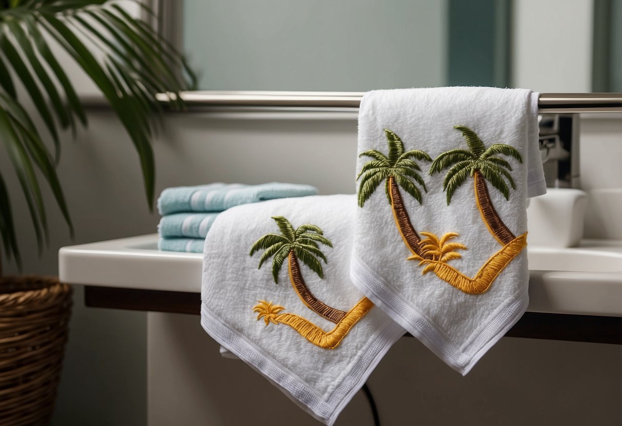 Two palm tree embroidered towels hanging on a bathroom towel rack, adding a tropical touch to the home decor