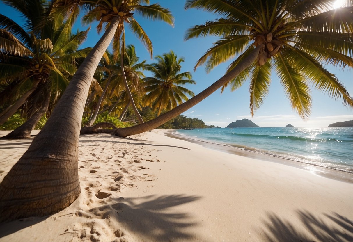 A sunny beach with a clear blue sky, featuring a variety of palm trees in different shapes and sizes, with coconuts hanging from some of the branches