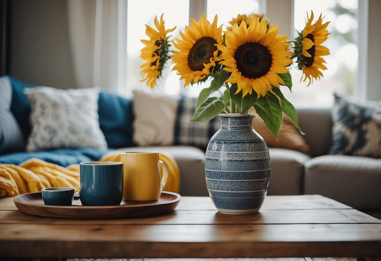 A cozy living room with blue and yellow throw pillows, a patterned rug, and a vase of sunflowers on a wooden coffee table