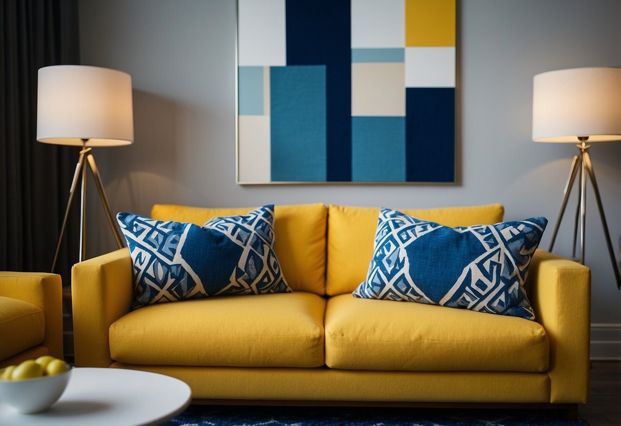 Two blue geometric throw pillows on a yellow couch, with a matching blue and yellow rug in a modern living room setting