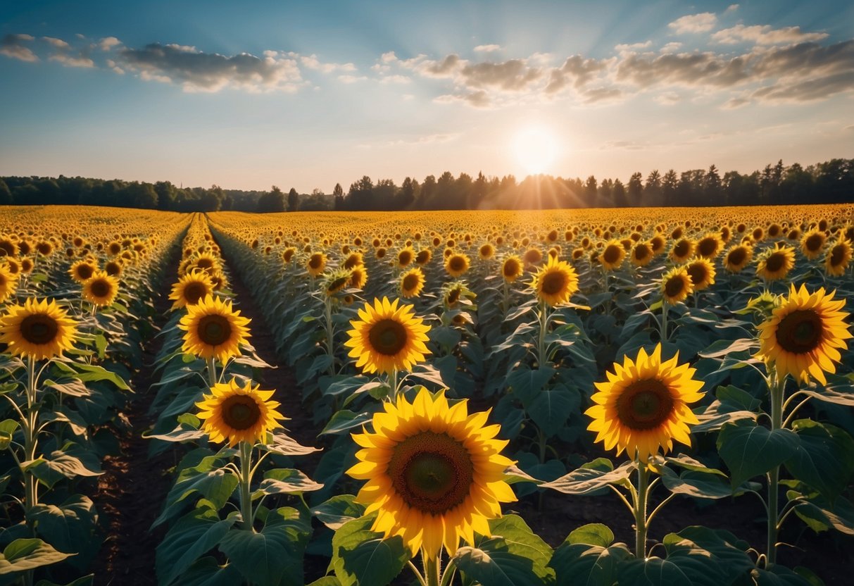 A bright sunflower field with blue sky background, perfect for home decor art