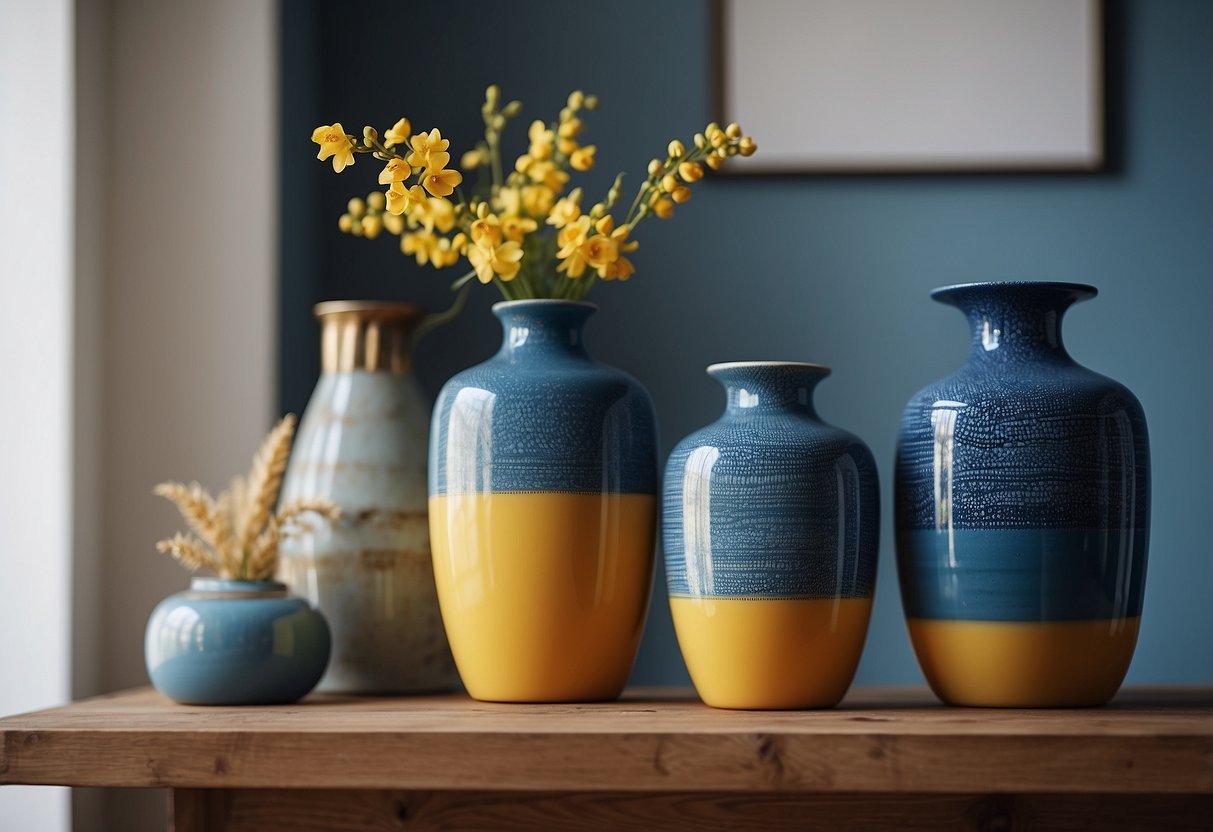 Three ceramic blue vases arranged on a wooden shelf, surrounded by yellow and blue home decor accents