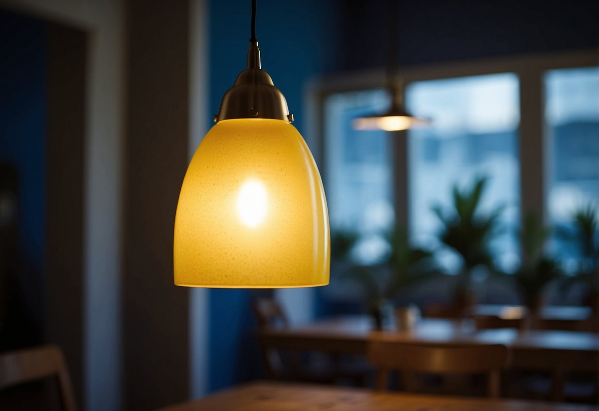 A yellow pendant light illuminates a room with blue and yellow home decor, creating a cozy and inviting atmosphere