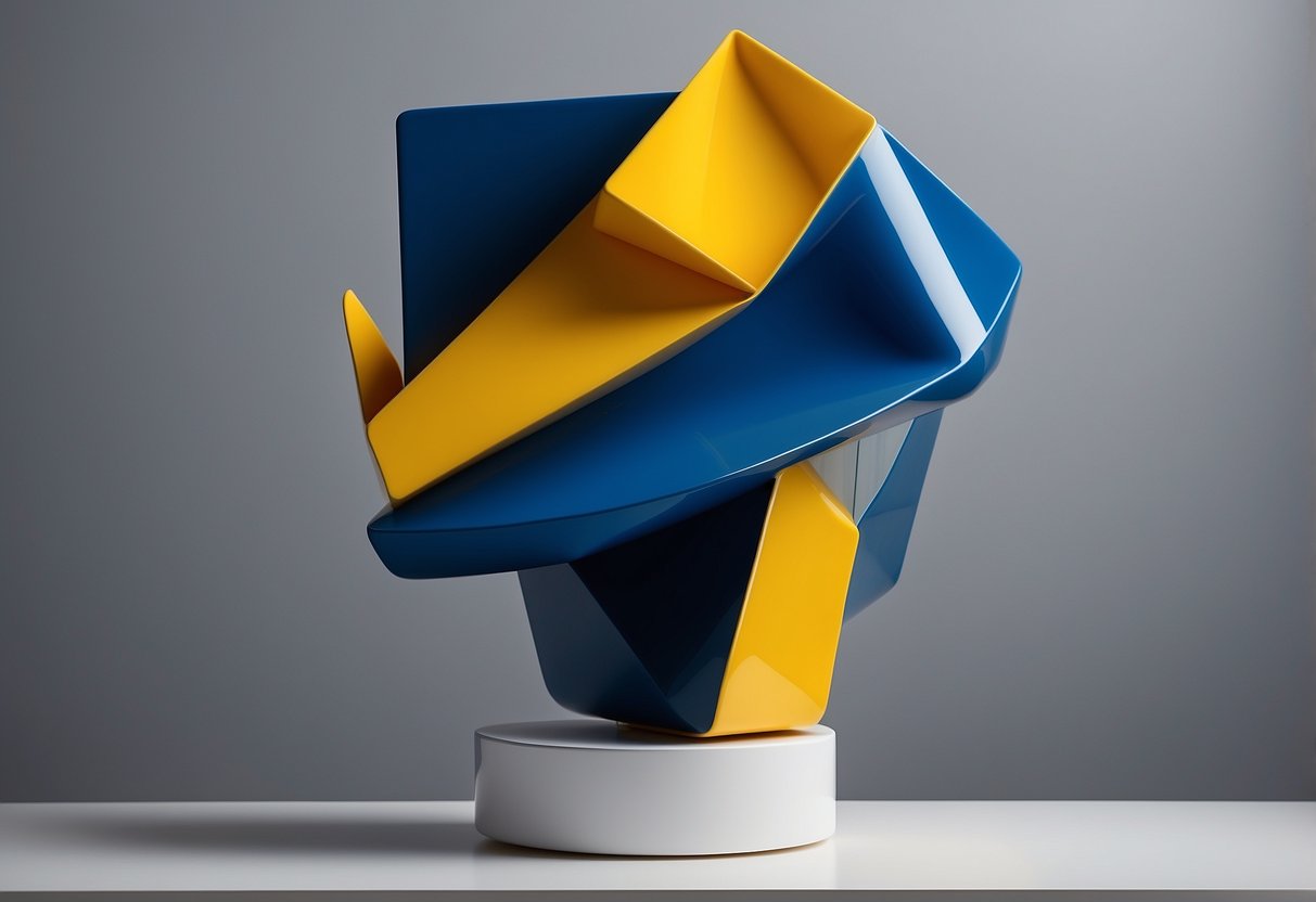 A blue and yellow abstract sculpture sits on a sleek white pedestal, surrounded by modern home decor accents in coordinating hues