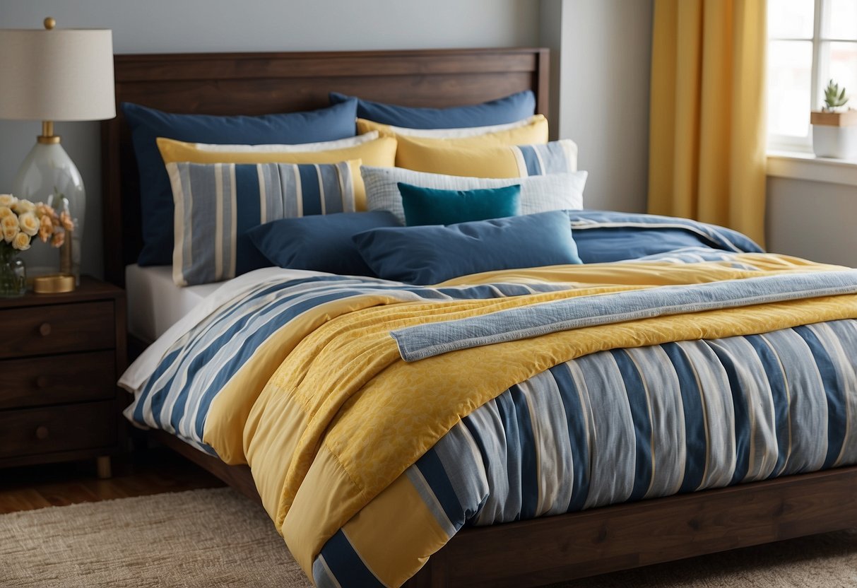 A bed with striped blue and yellow bedding, paired with matching blue and yellow home decor accents