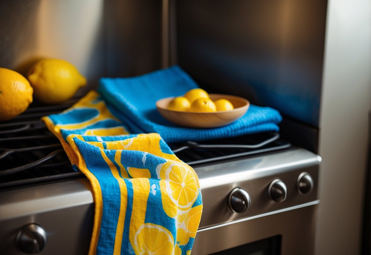 Bright blue and yellow kitchen towels with lemon patterns draped over a stainless steel oven handle