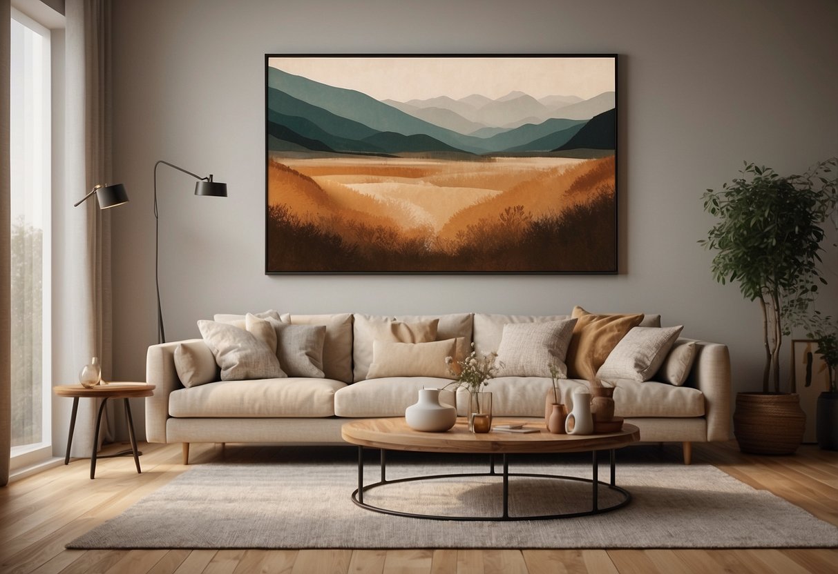 A cozy living room with a large canvas painting of a serene landscape, warm earth tones, and abstract textures, hanging above a neutral-colored sofa