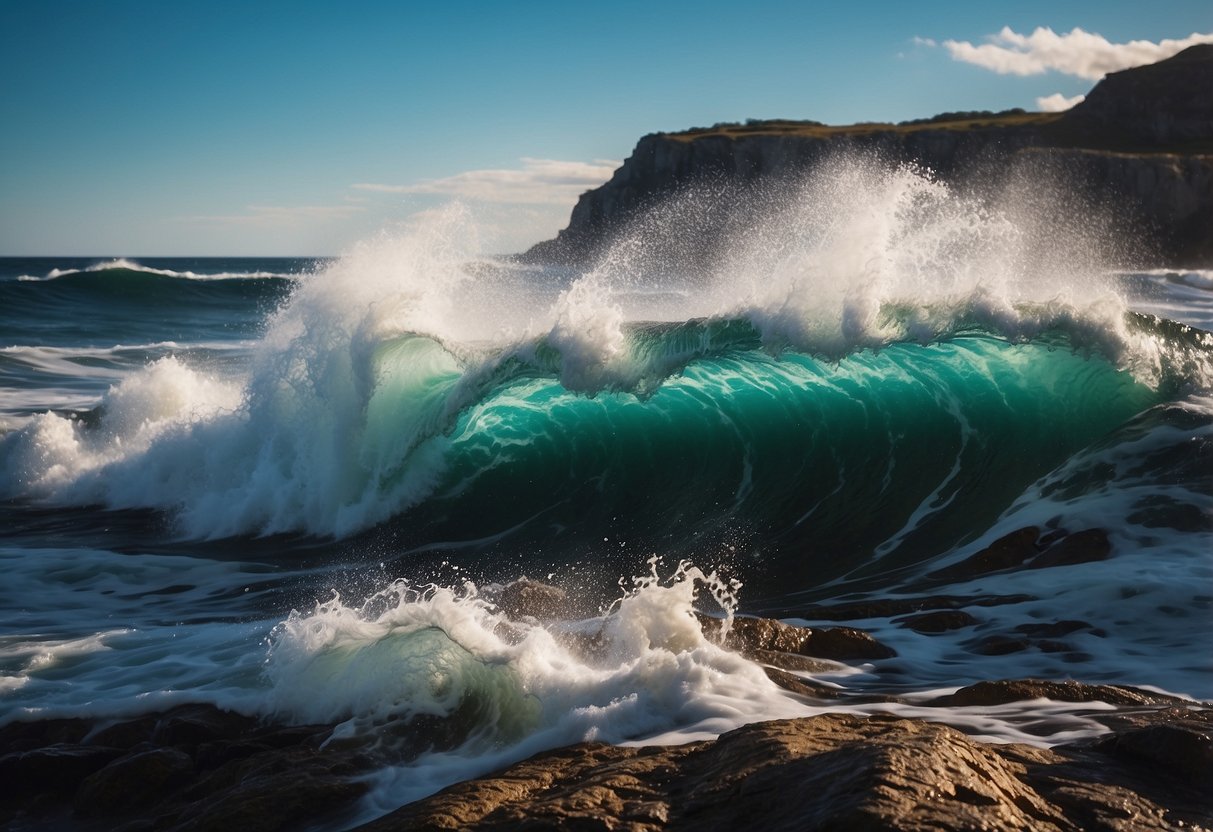 Vibrant waves crashing against a rocky shore, with bold colors and dynamic brushstrokes creating a sense of movement and energy