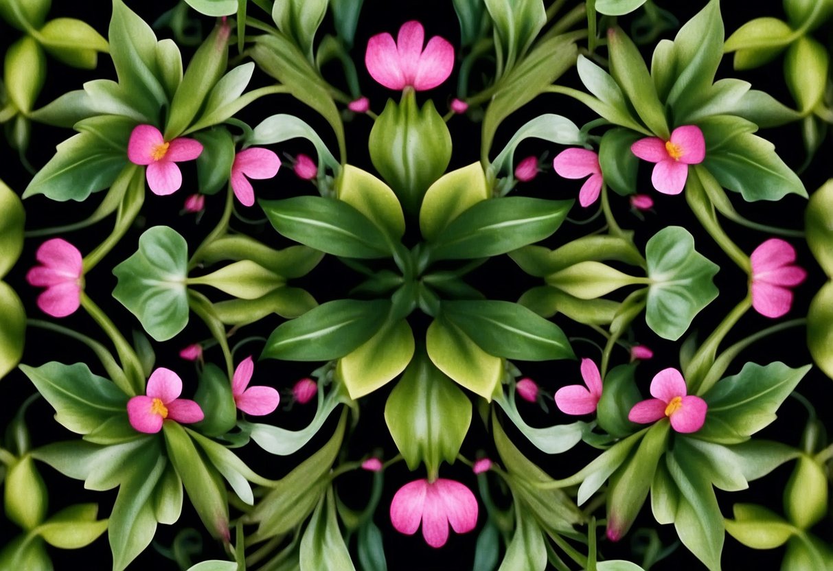 Lush green leaves, vibrant flowers, and intricate vines intertwine in a symmetrical and mesmerizing pattern, perfect for an acrylic painting to adorn any home decor