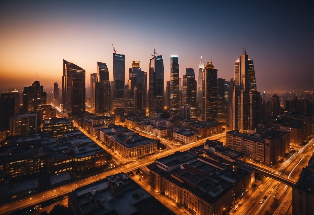 A bustling city skyline at sunset, with tall buildings and glowing lights against a darkening sky