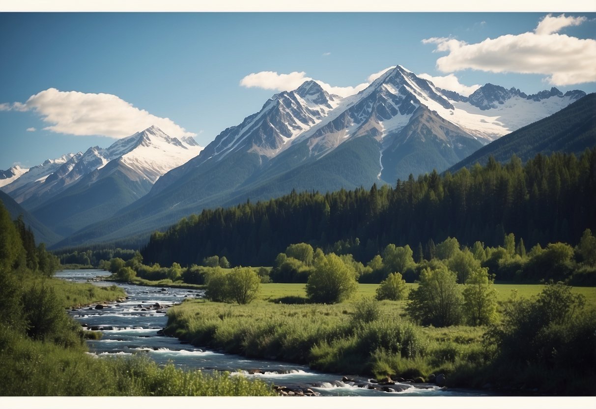 A serene mountain landscape with snow-capped peaks, lush greenery, and a flowing river, set against a clear blue sky