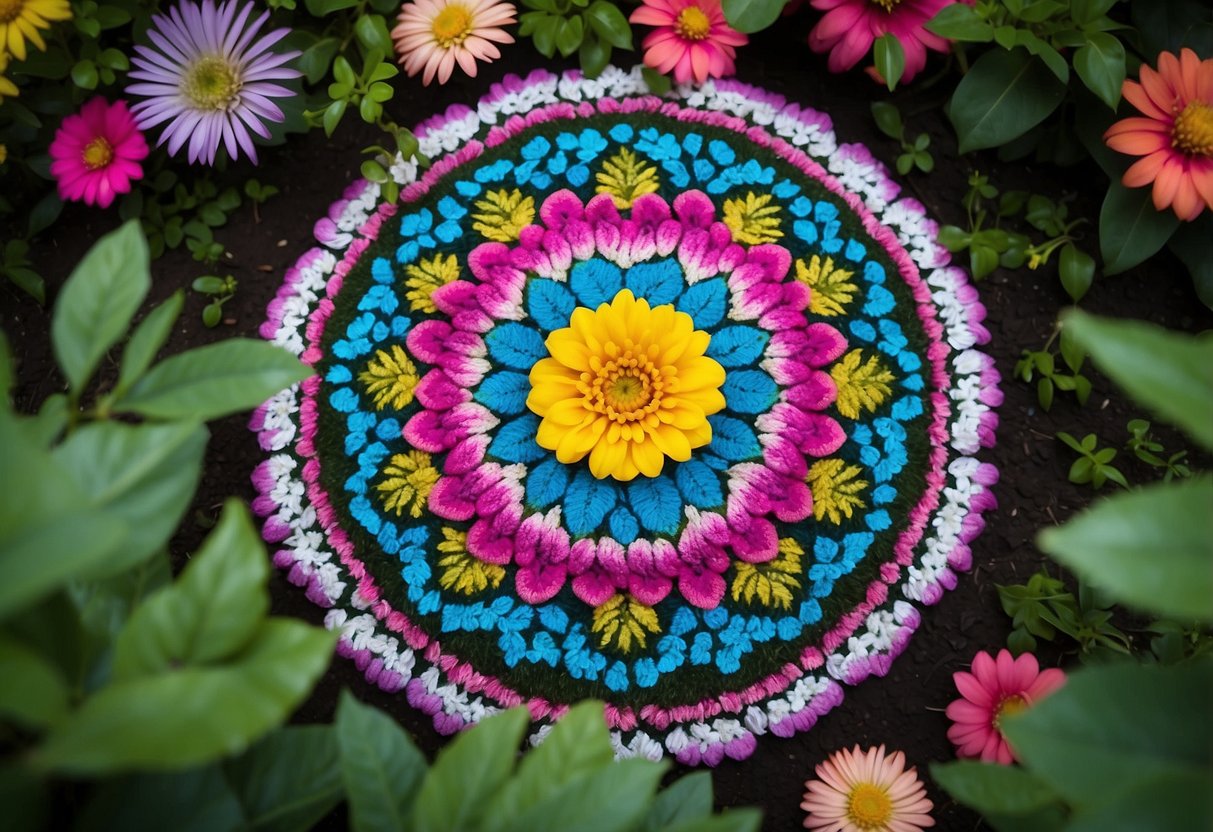 A vibrant floral mandala with intricate patterns and bold colors, surrounded by lush greenery and blooming flowers, creating a harmonious and tranquil atmosphere for home decor