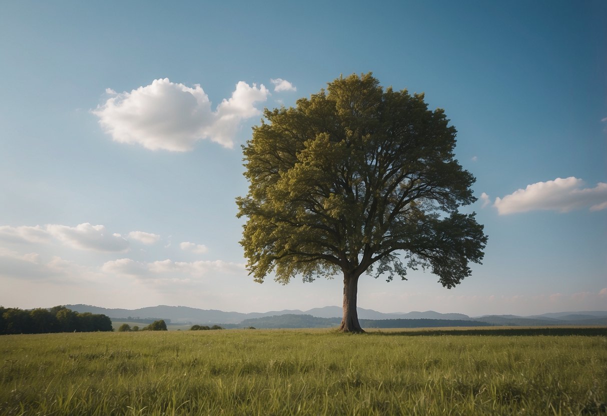 A serene landscape with simple, clean lines. A single tree stands in a vast, open field, with a clear blue sky above