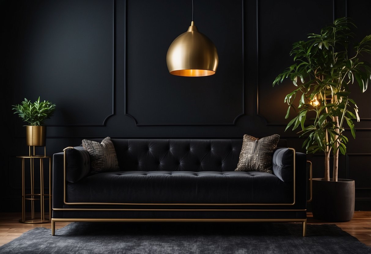 A sleek black sofa sits against a dark wall, accented by metallic decor and a bold monochromatic rug. A modern black lamp casts a soft glow over the room