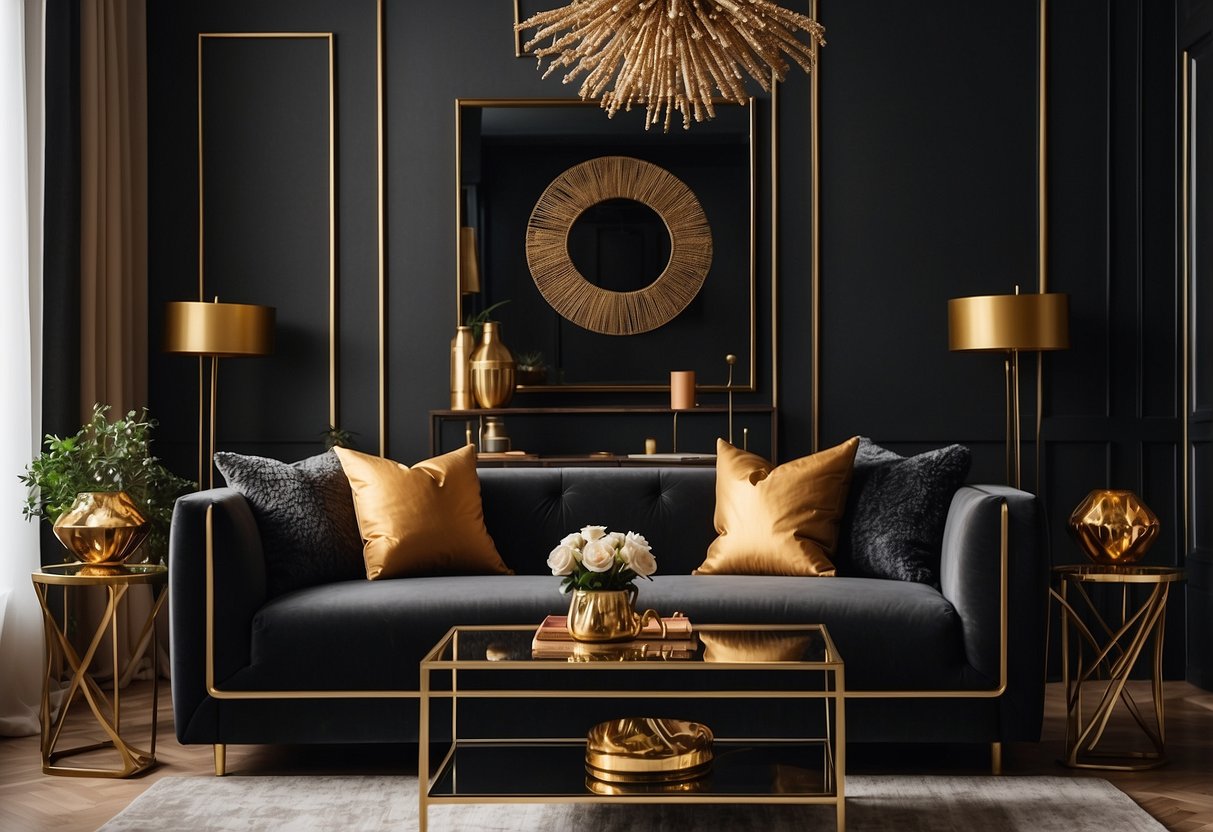 A cozy living room with a black and gold color scheme, featuring luxurious throw pillows on a sleek modern couch