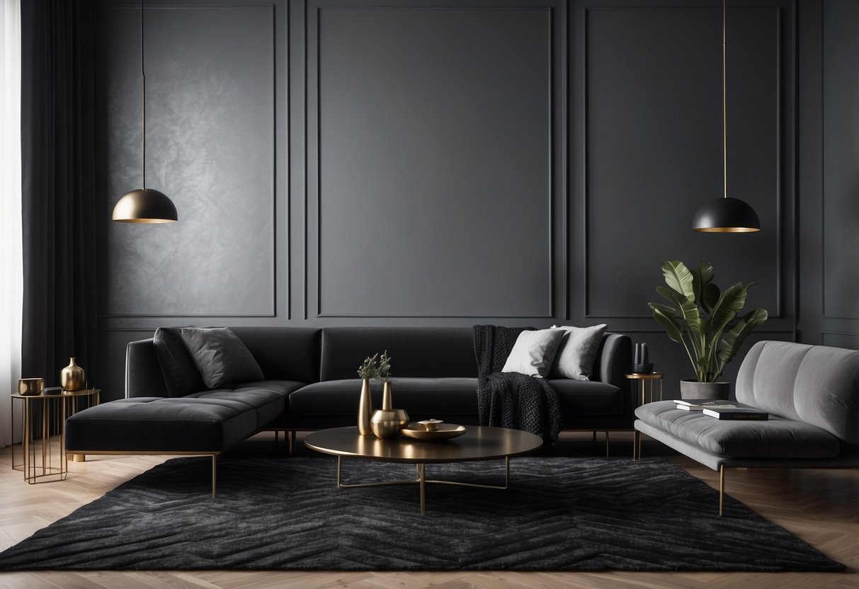 A sleek black and grey living room with a modern sofa, geometric rug, and metallic accents. Textured walls and minimalistic decor complete the stylish space