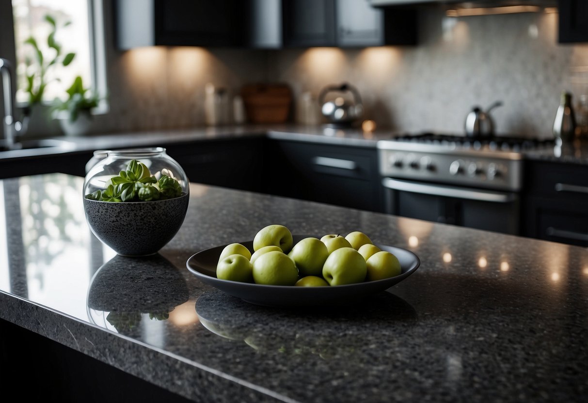 A sleek granite kitchen countertop in shades of black and grey, adorned with modern home decor accents